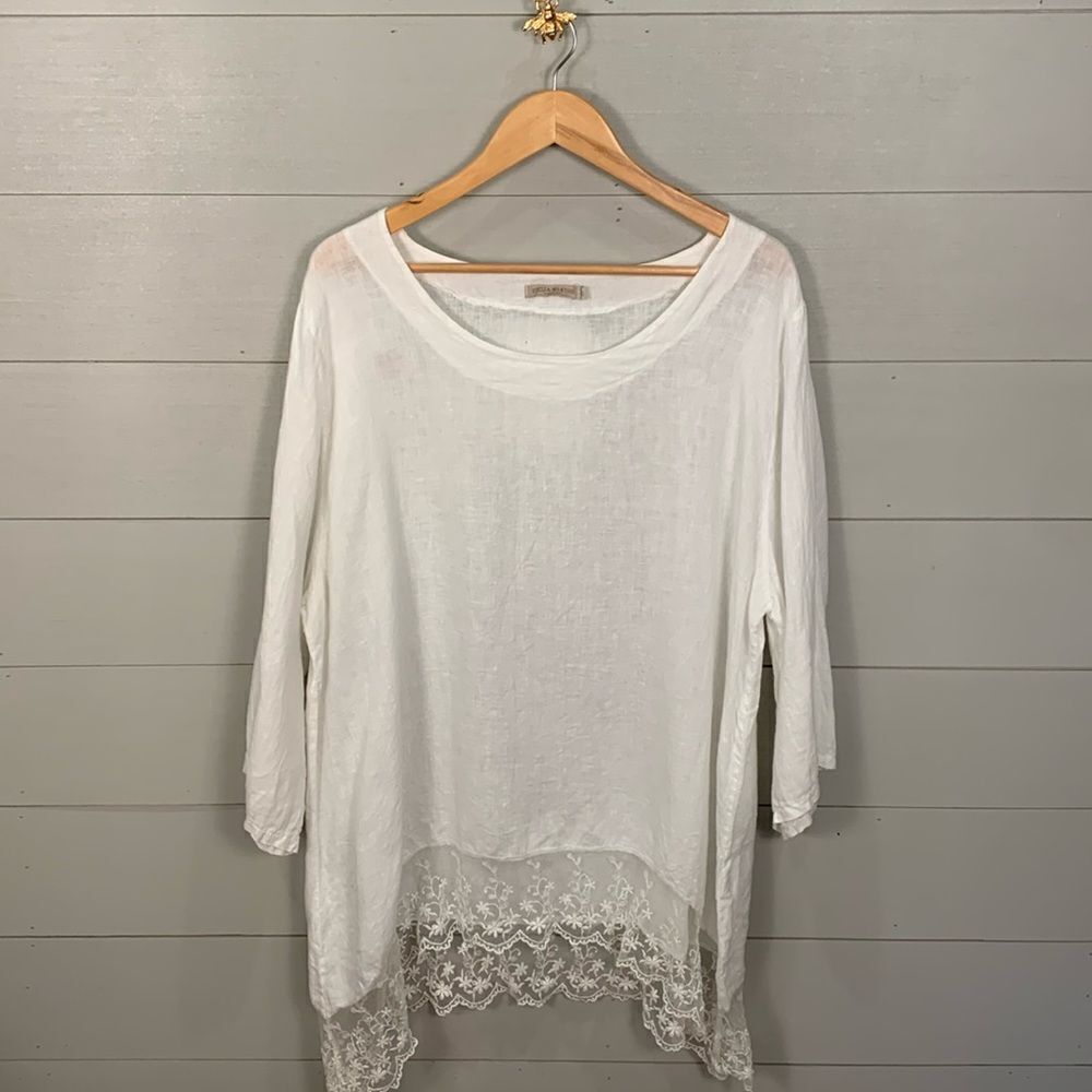 Stella Martini 100% white linen with lace trim tunic woman’s size 1X feminine